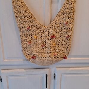 Natural Beige Cotton Crochet Shoulder Bag with Beaded Fruit Accents